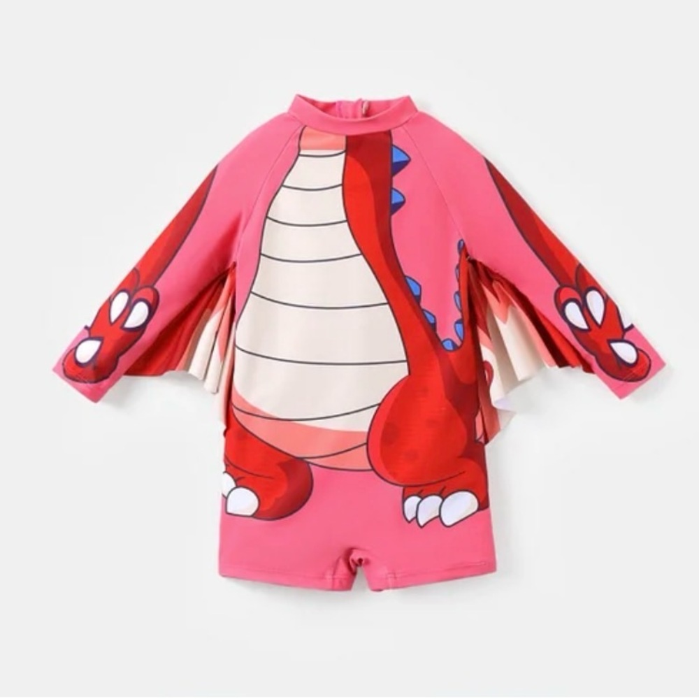 PatPat Pink and Red Dragon Kids Swim One Piece, Red